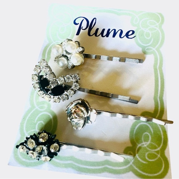 Black Pearl and Rhinestone Hair Pins Vintage Repurposed Jewelry Formal Elegant - Picture 3 of 4